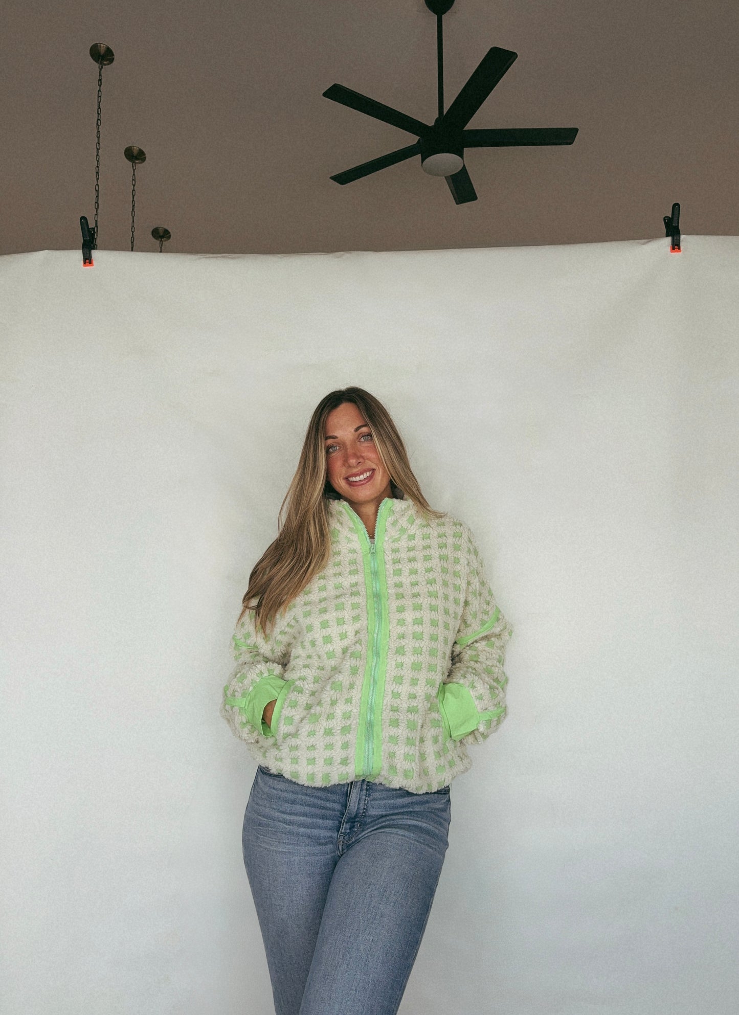 Oversized Checker Fleece Jacket: CREAM/GREEN