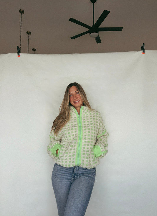 Oversized Checker Fleece Jacket: CREAM/GREEN