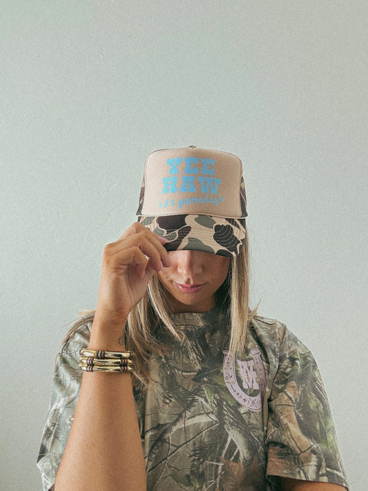 Yeehaw It's Gameday Trucker Hat: Baby Blue / Beige Camo