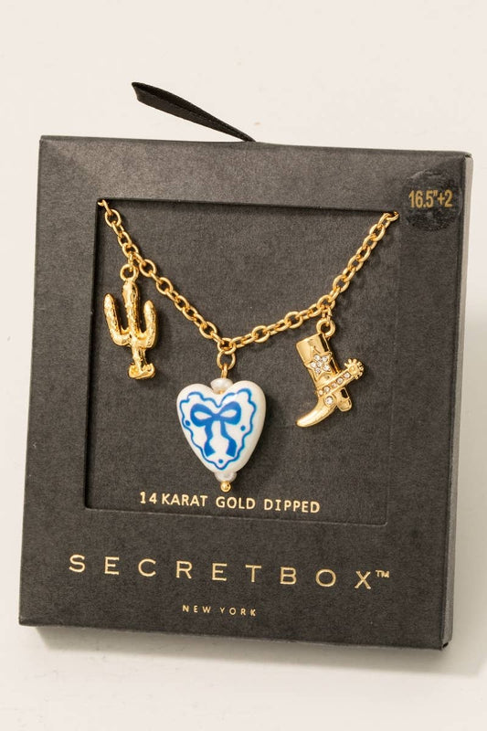 Gold Dipped Ceramic Bow Heart Western Charms Chain Necklace: Gold