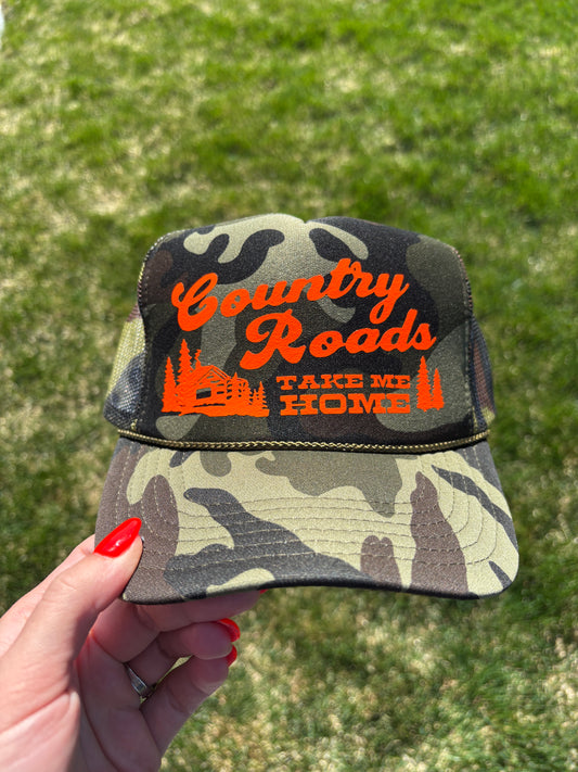 Country Roads Trucker Hat: Camo and Neon Orange Print