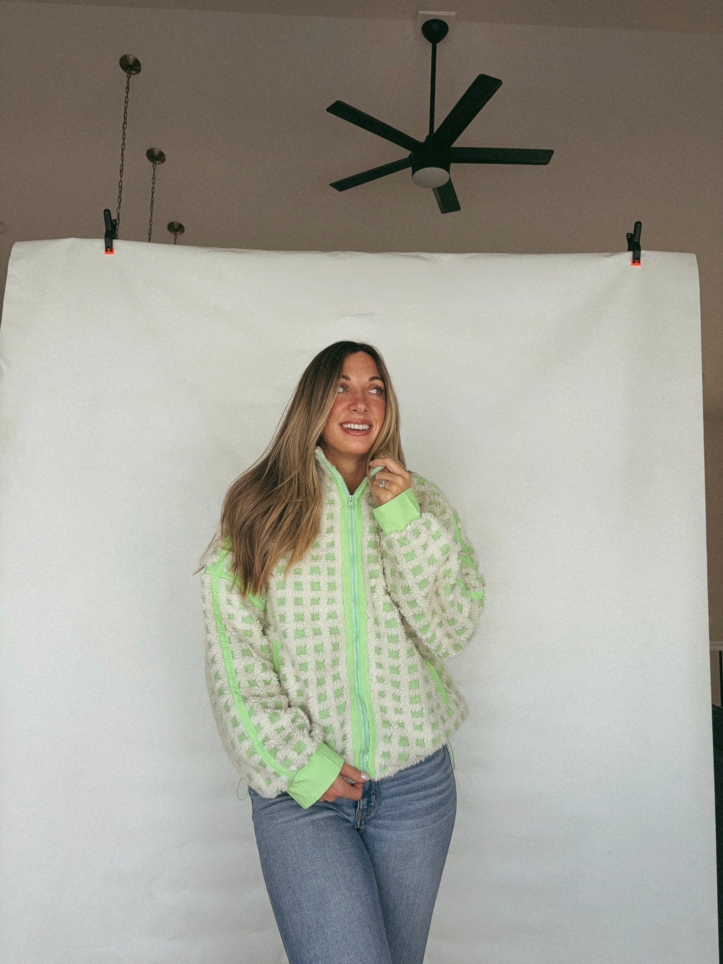 Oversized Checker Fleece Jacket: CREAM/GREEN