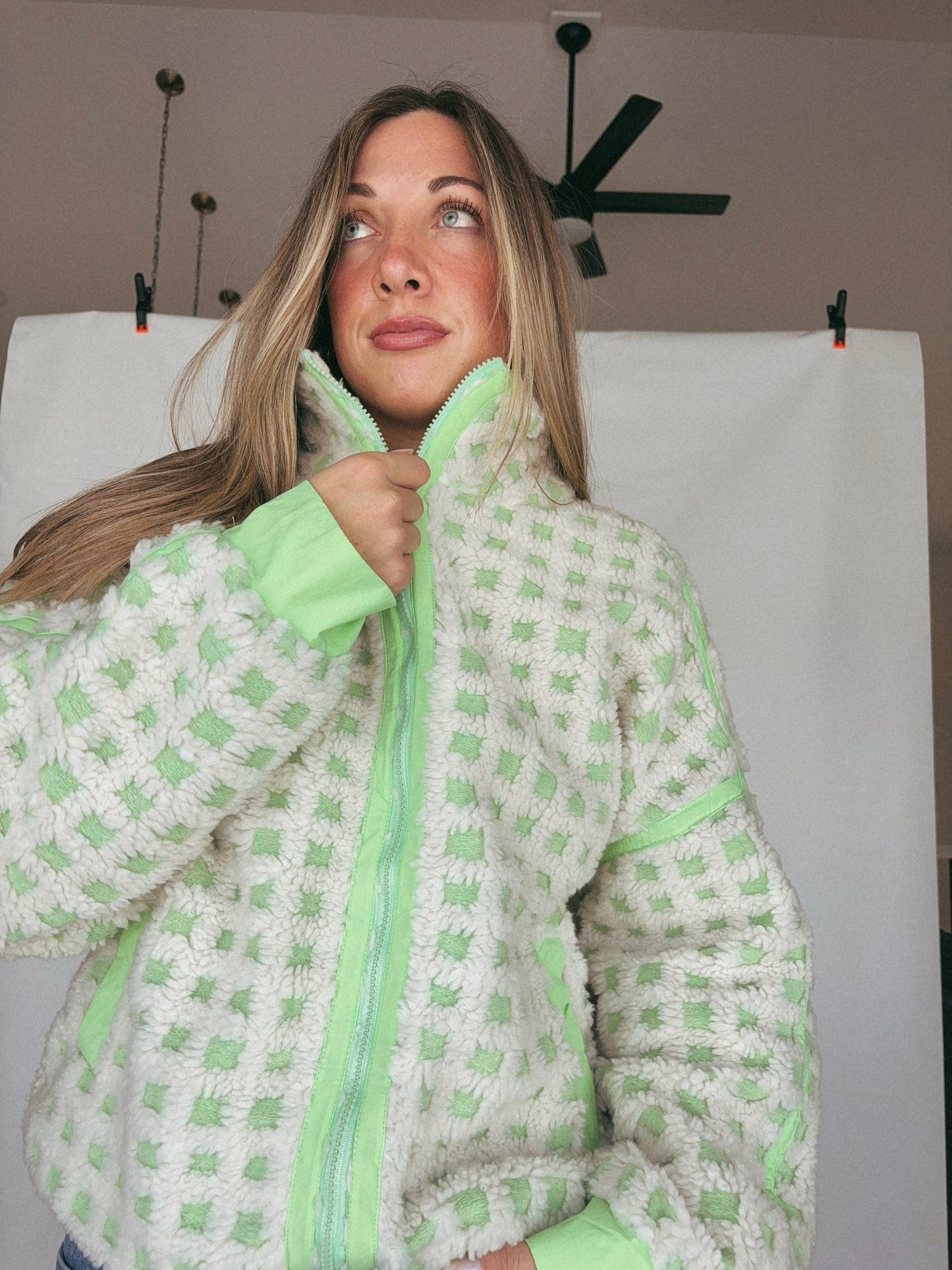 Oversized Checker Fleece Jacket: CREAM/GREEN