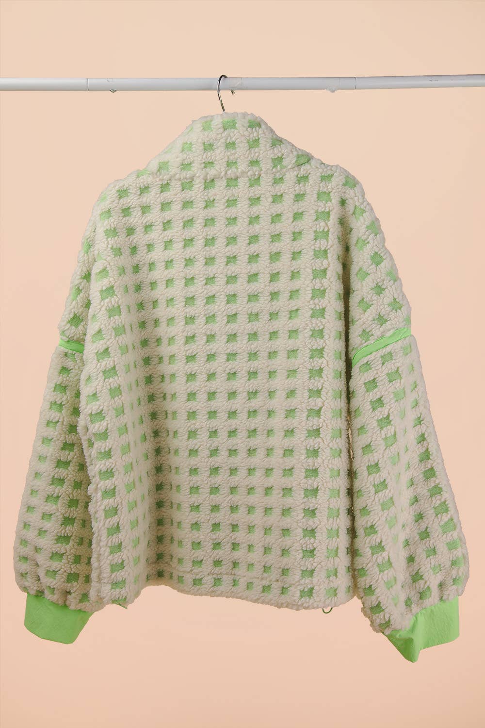 Oversized Checker Fleece Jacket: CREAM/GREEN