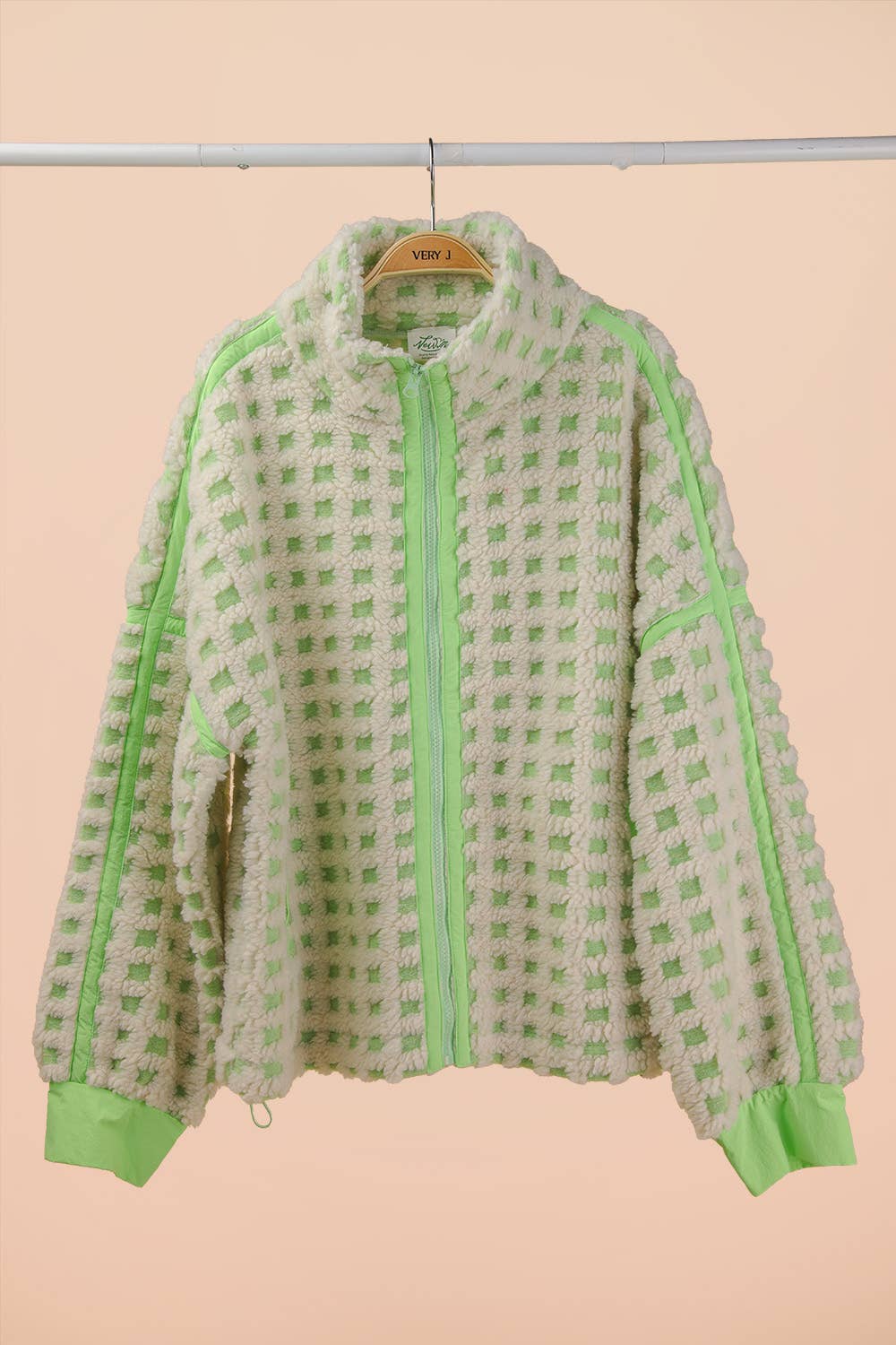 Oversized Checker Fleece Jacket: CREAM/GREEN