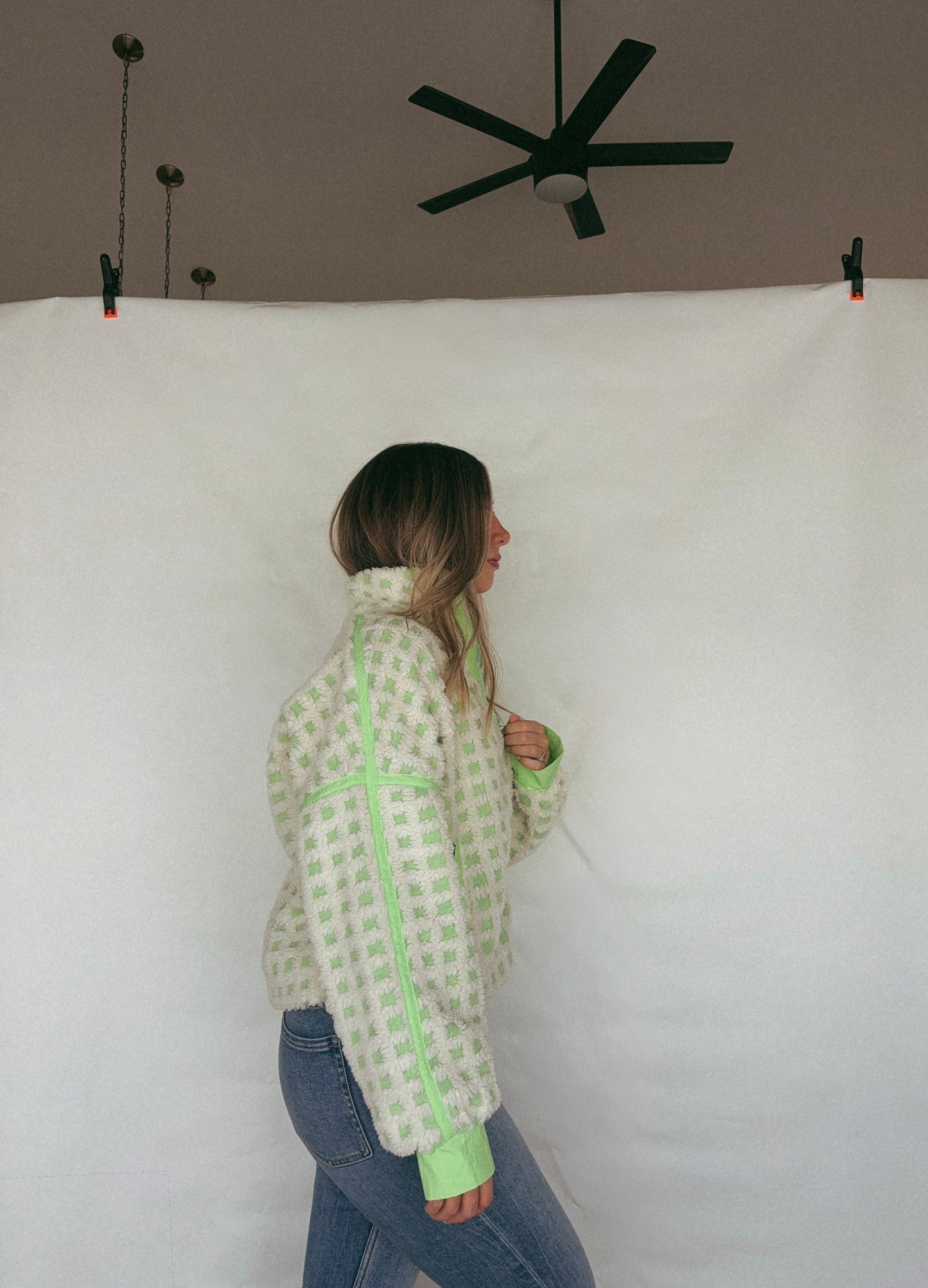Oversized Checker Fleece Jacket: CREAM/GREEN