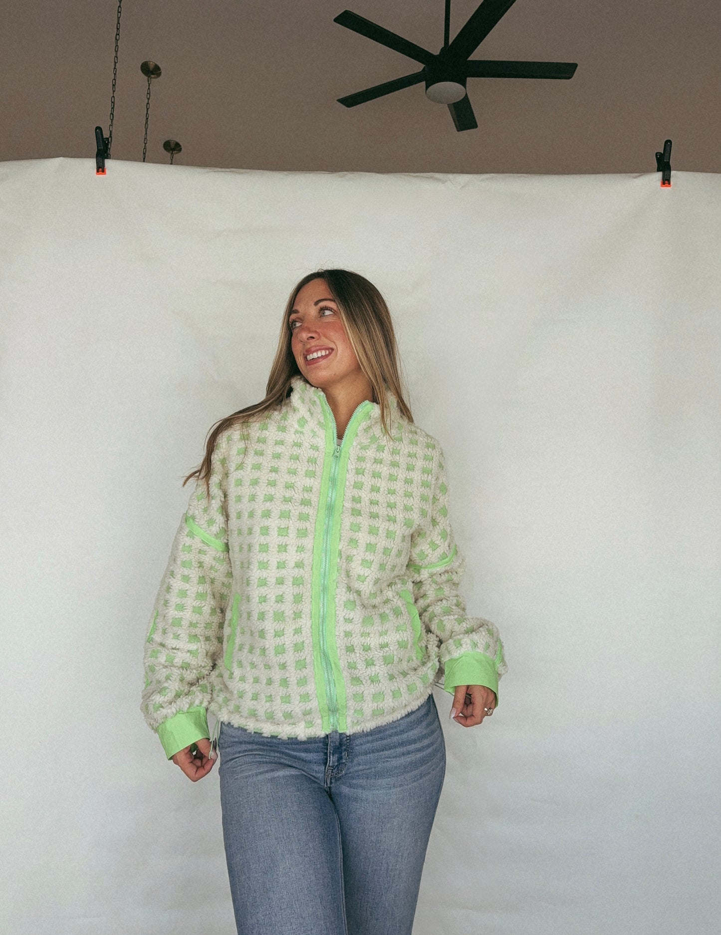 Oversized Checker Fleece Jacket: CREAM/GREEN